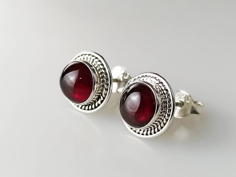 Genuine Red GARNET GEMSTONES 925 Oxidized SILVER Round Stud Earrings, Bohemian Garnet Studs, Capricorn Zodiac January Birthstone, Australia, Zorbajewellers