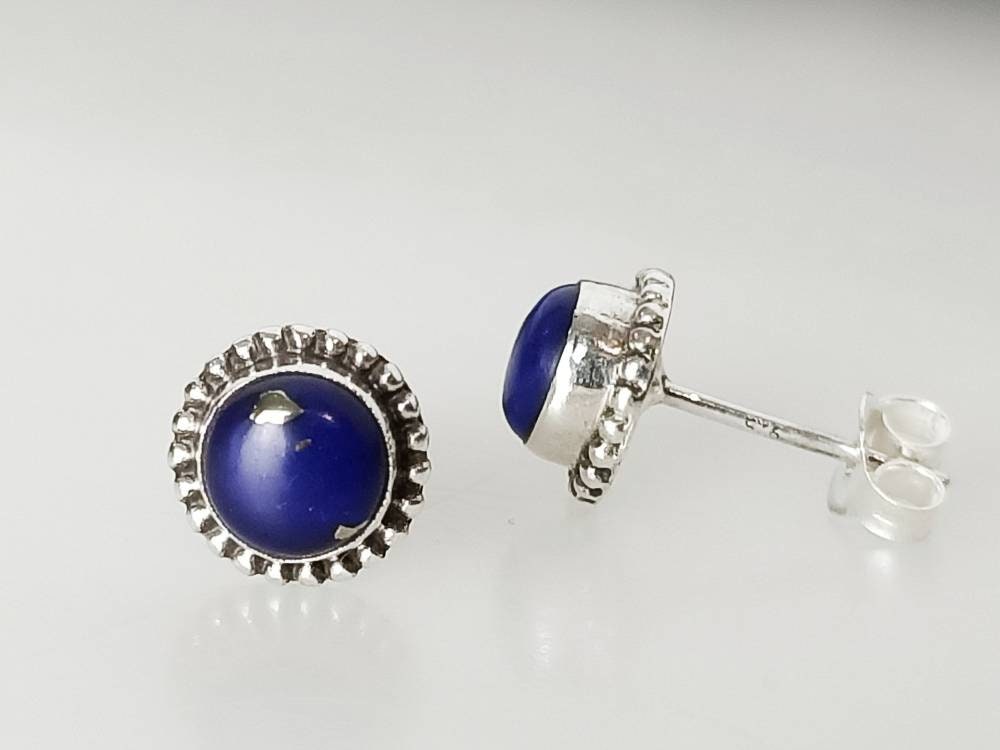 Genuine Blue Lapis Lazuli Gemstones 925 Oxidized Sterling Silver Beads Stud Earrings, blue stud earrings, sterling silver studs, Australia, Zorbajewellers