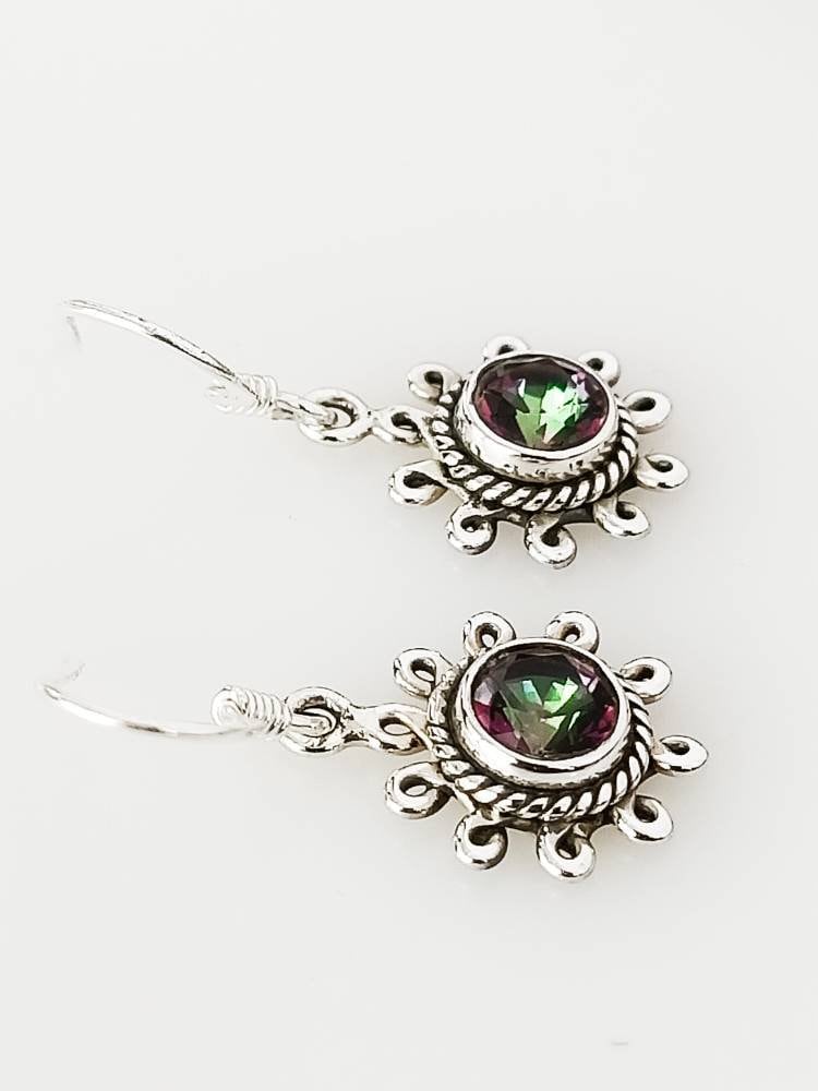 Genuine Mystic Topaz Gemstones 925 Sterling Silver Round Earrings, Rainbow gems earrings, Sun Shape Mystic Topaz Dangle Earrings, Australia, Zorbajewellers