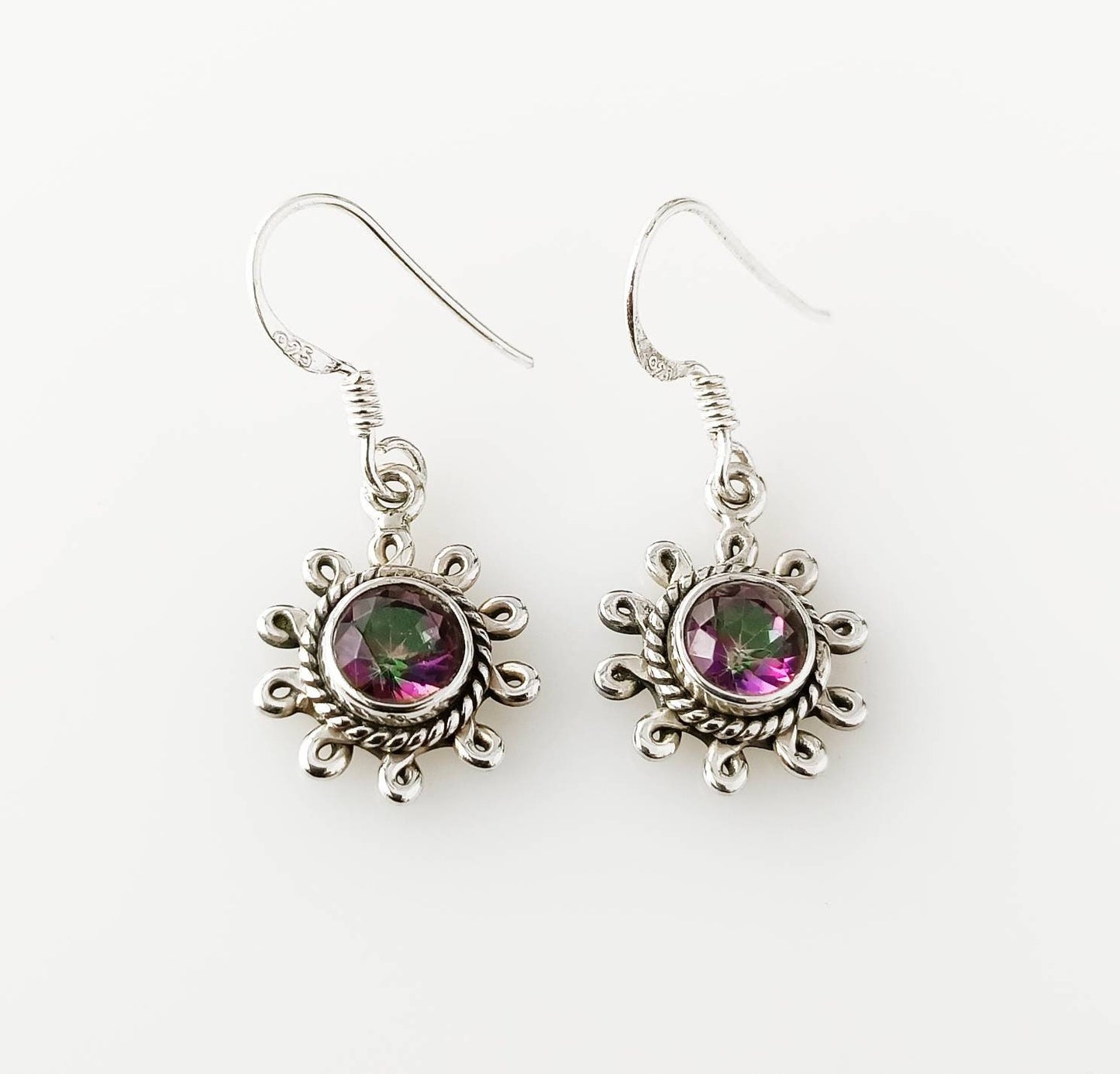 Genuine Mystic Topaz Gemstones 925 Sterling Silver Round Earrings, Rainbow gems earrings, Sun Shape Mystic Topaz Dangle Earrings, Australia, Zorbajewellers
