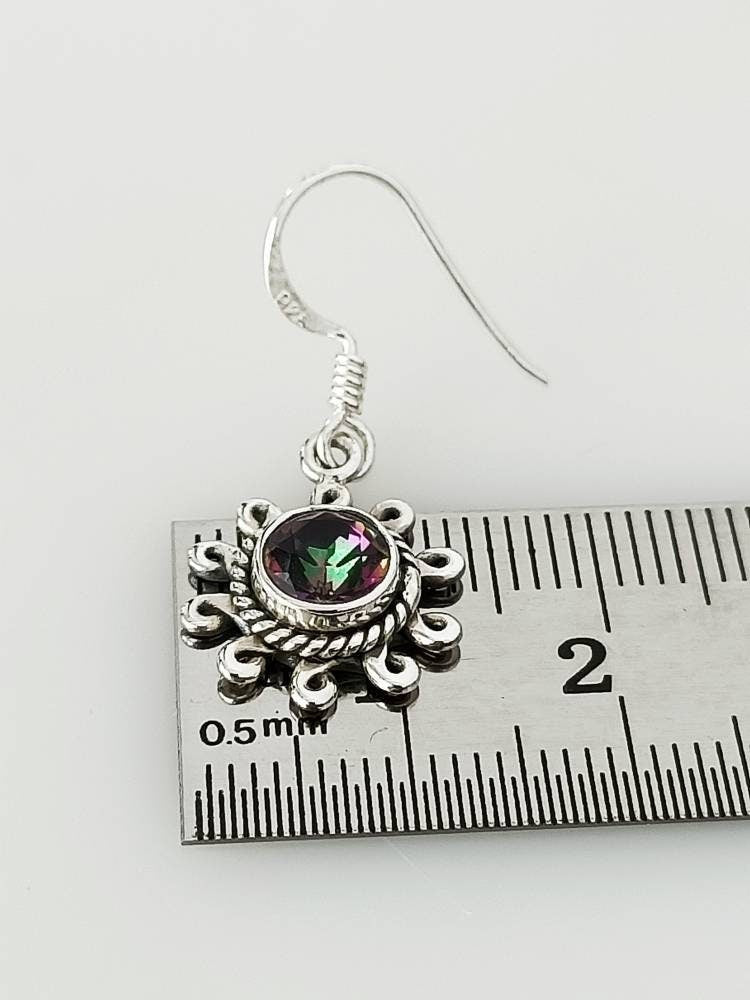 Genuine Mystic Topaz Gemstones 925 Sterling Silver Round Earrings, Rainbow gems earrings, Sun Shape Mystic Topaz Dangle Earrings, Australia, Zorbajewellers