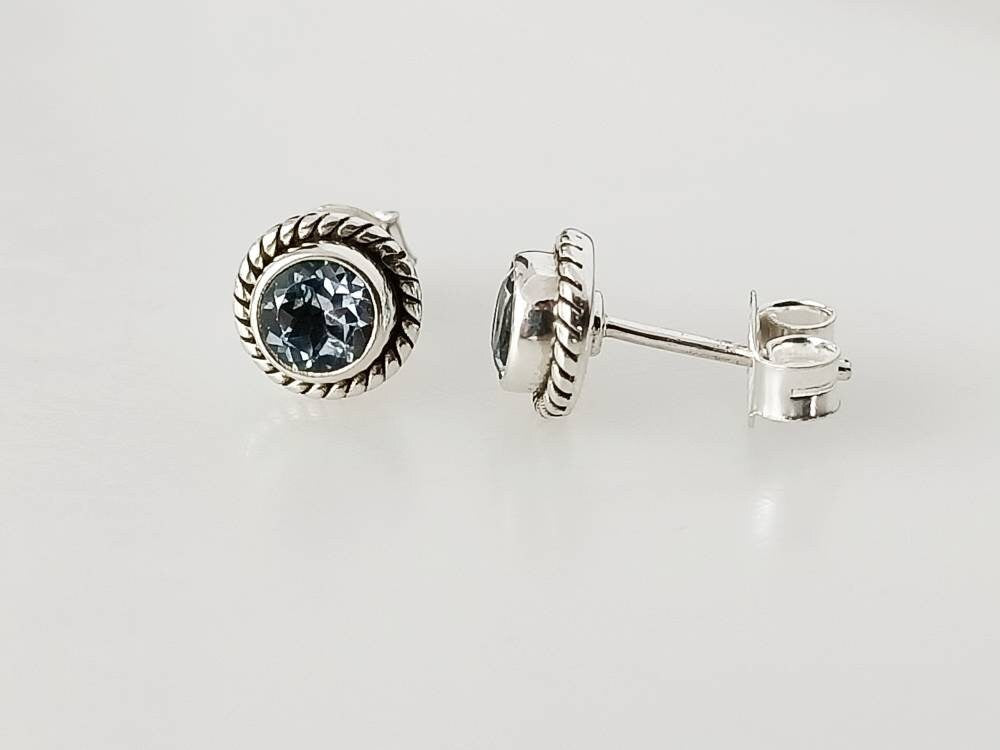 Genuine Blue TOPAZ Cushion Cut Gems 925 Oxidized SILVER Circle Stud Earrings, Sagittarius Zodiac December Birthstone Boho Studs, Australia, Zorbajewellers