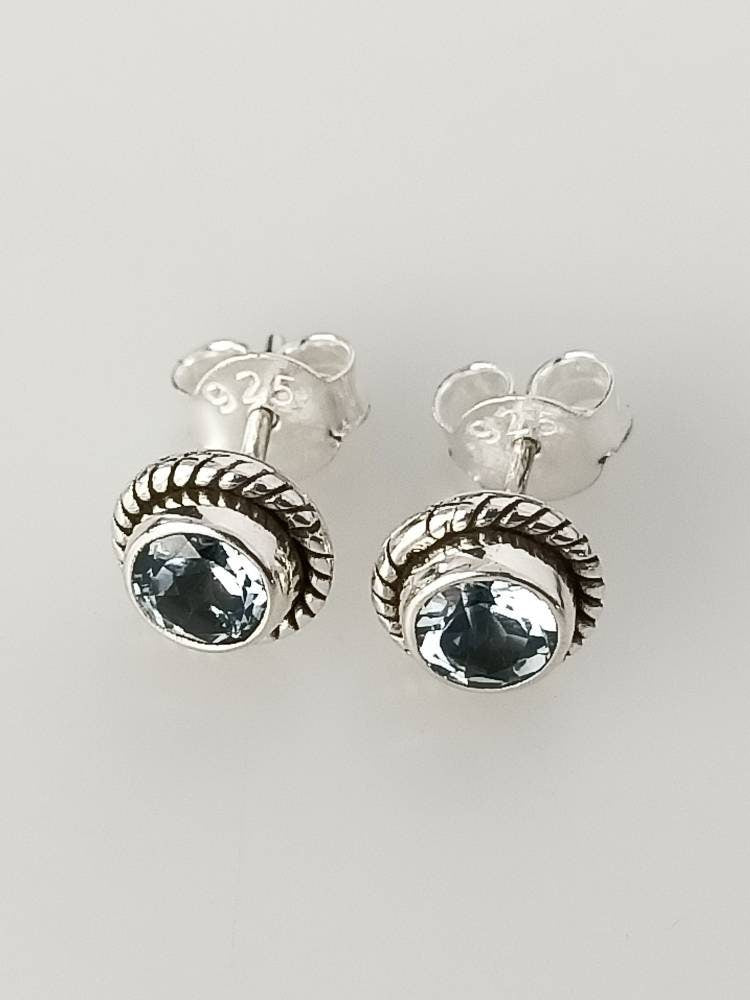 Genuine Blue TOPAZ Cushion Cut Gems 925 Oxidized SILVER Circle Stud Earrings, Sagittarius Zodiac December Birthstone Boho Studs, Australia, Zorbajewellers