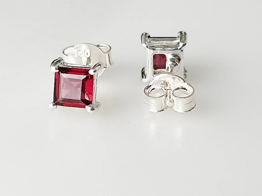 Genuine Red GARNET Square GEMS 925 SILVER Prong Set Stud Earrings, Red Garnet Stud Earrings, Capricorn Zodiac January Birthstone, Australia, Zorbajewellers