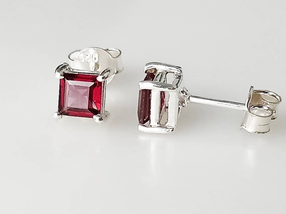 Genuine Red GARNET Square GEMS 925 SILVER Prong Set Stud Earrings, Red Garnet Stud Earrings, Capricorn Zodiac January Birthstone, Australia, Zorbajewellers