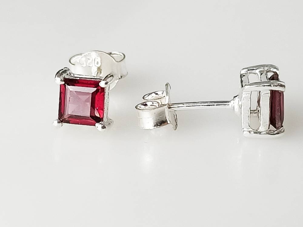 Genuine Red GARNET Square GEMS 925 SILVER Prong Set Stud Earrings, Red Garnet Stud Earrings, Capricorn Zodiac January Birthstone, Australia, Zorbajewellers