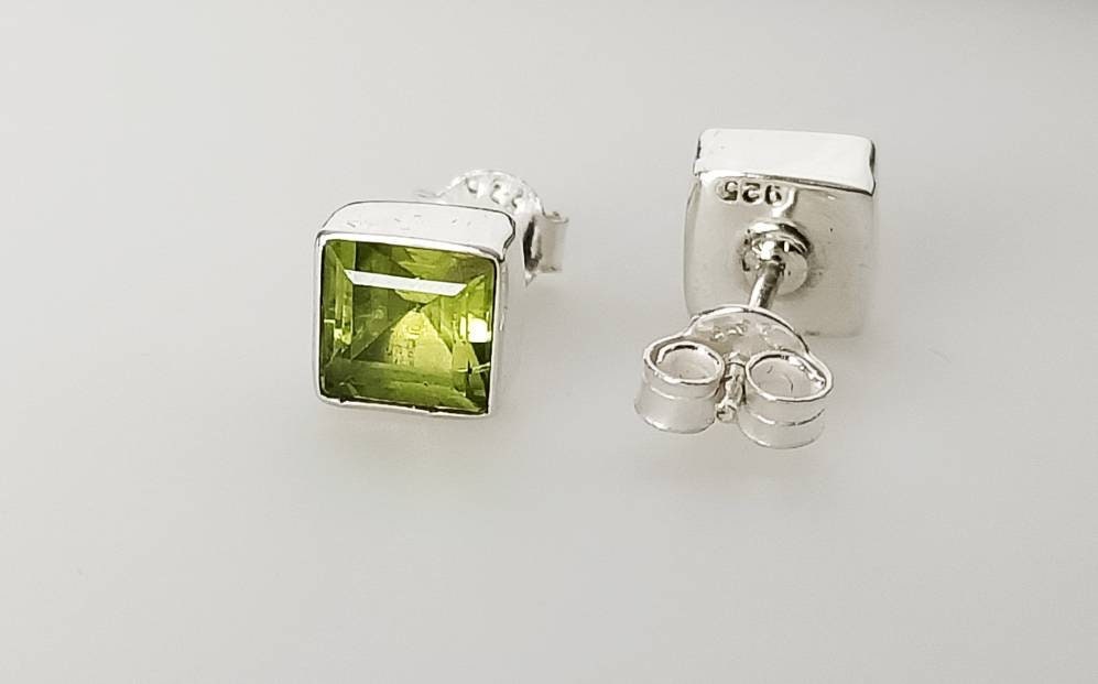 Genuine PERIDOT Gems Solid 925 Sterling SILVER Minimalist Square Stud Earrings, Olive Green Beautifully Cut Peridot Stud Earrings, Australia, Zorbajewellers