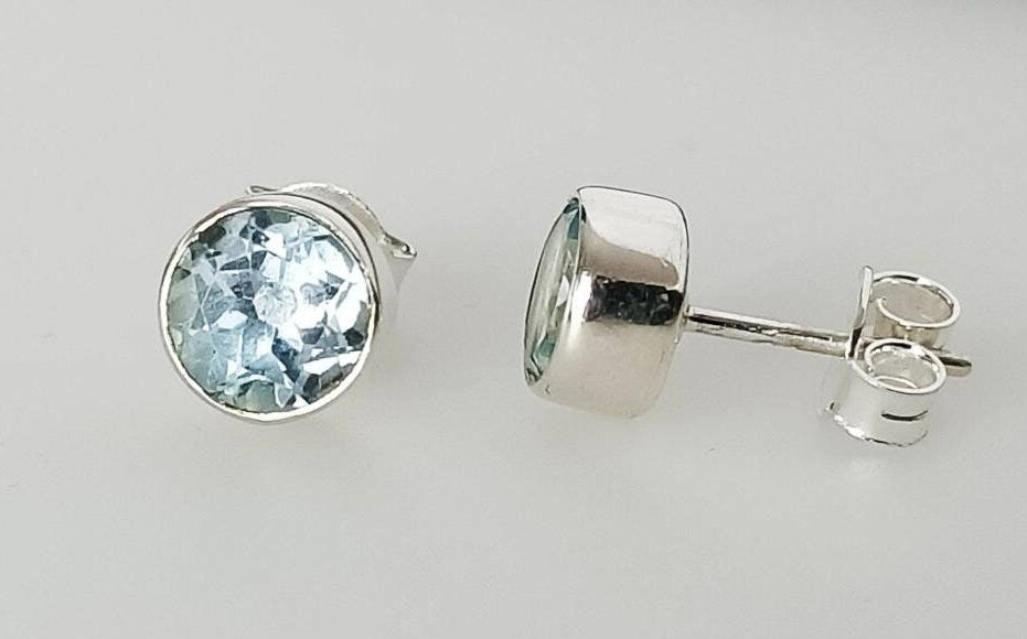 Beautifully Cut Genuine Blue TOPAZ Gemstones Solid 925 SILVER Round Stud Earrings, Sagittarius Zodiac December Birthstone Studs, Australia, Zorbajewellers