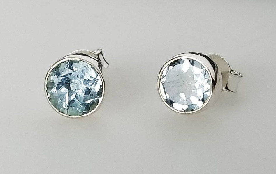 Beautifully Cut Genuine Blue TOPAZ Gemstones Solid 925 SILVER Round Stud Earrings, Sagittarius Zodiac December Birthstone Studs, Australia, Zorbajewellers
