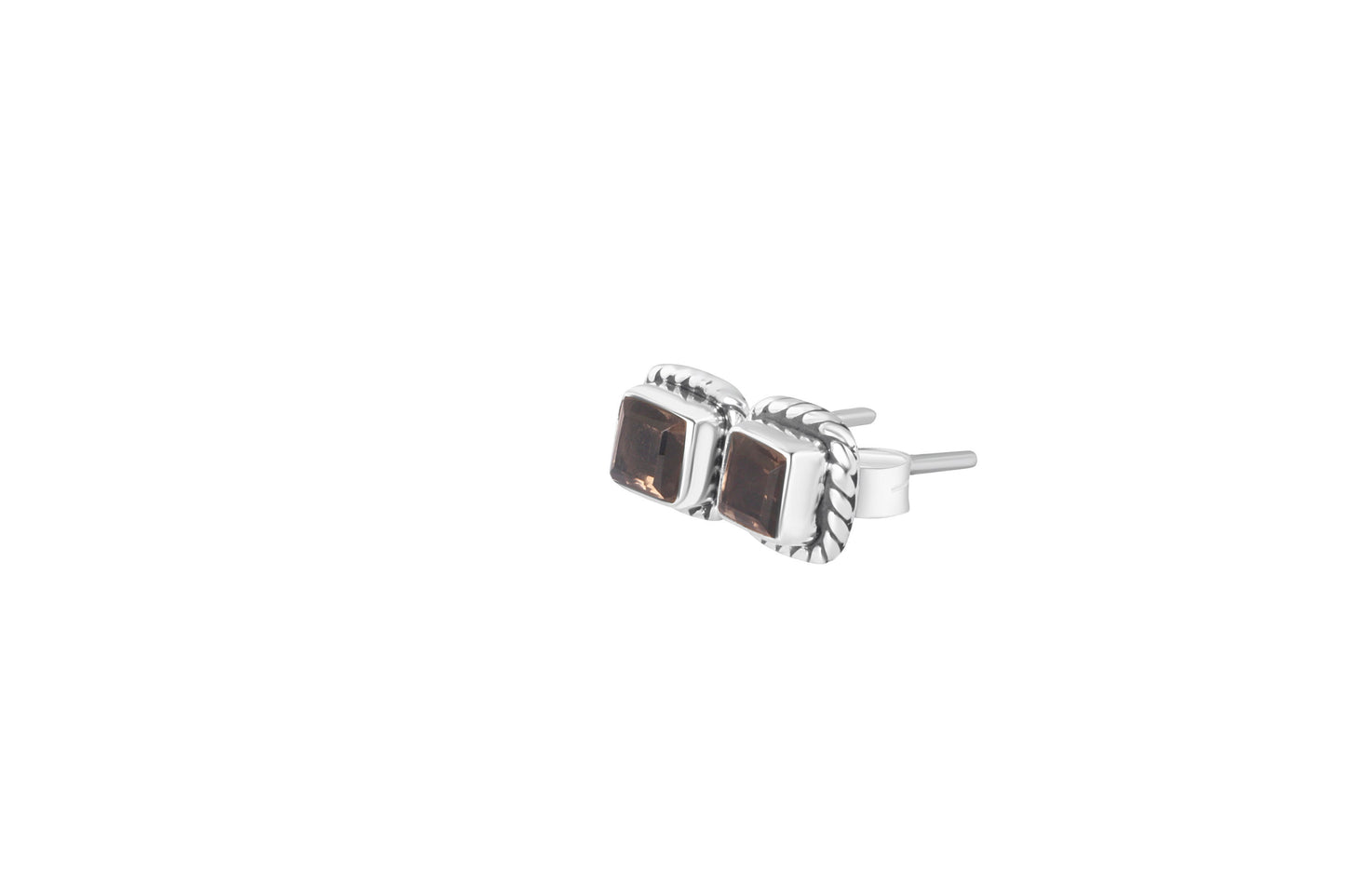 Square shaped cut-stone natural brown smoky quartz Oxidized 925 Silver Stud Earrings, Bohemian Oxidized Silver Square Stud Earring Australia, Zorbajewellers
