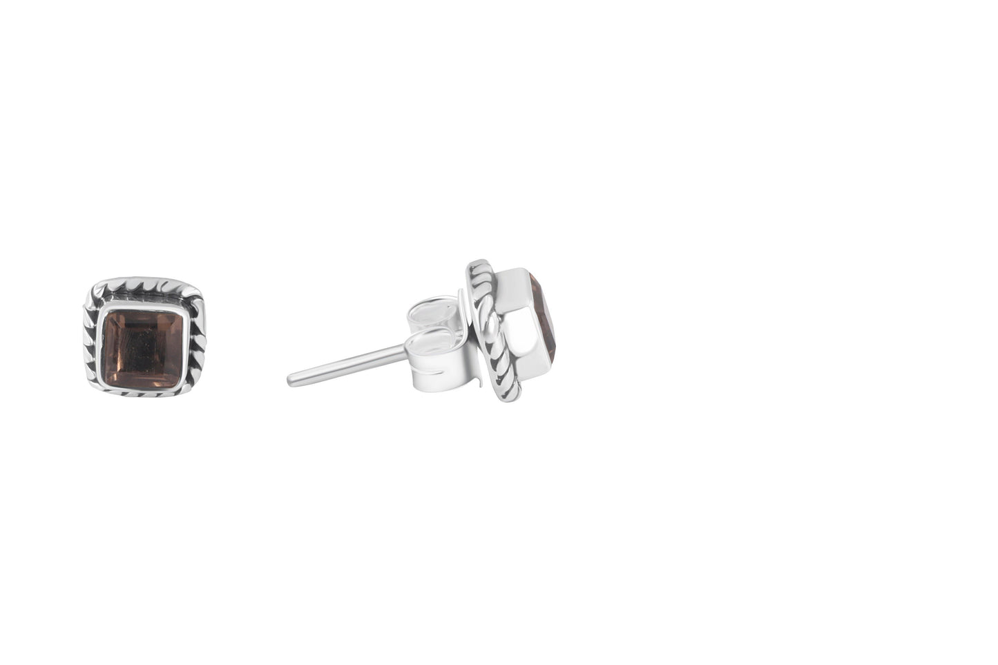 Square shaped cut-stone natural brown smoky quartz Oxidized 925 Silver Stud Earrings, Bohemian Oxidized Silver Square Stud Earring Australia, Zorbajewellers