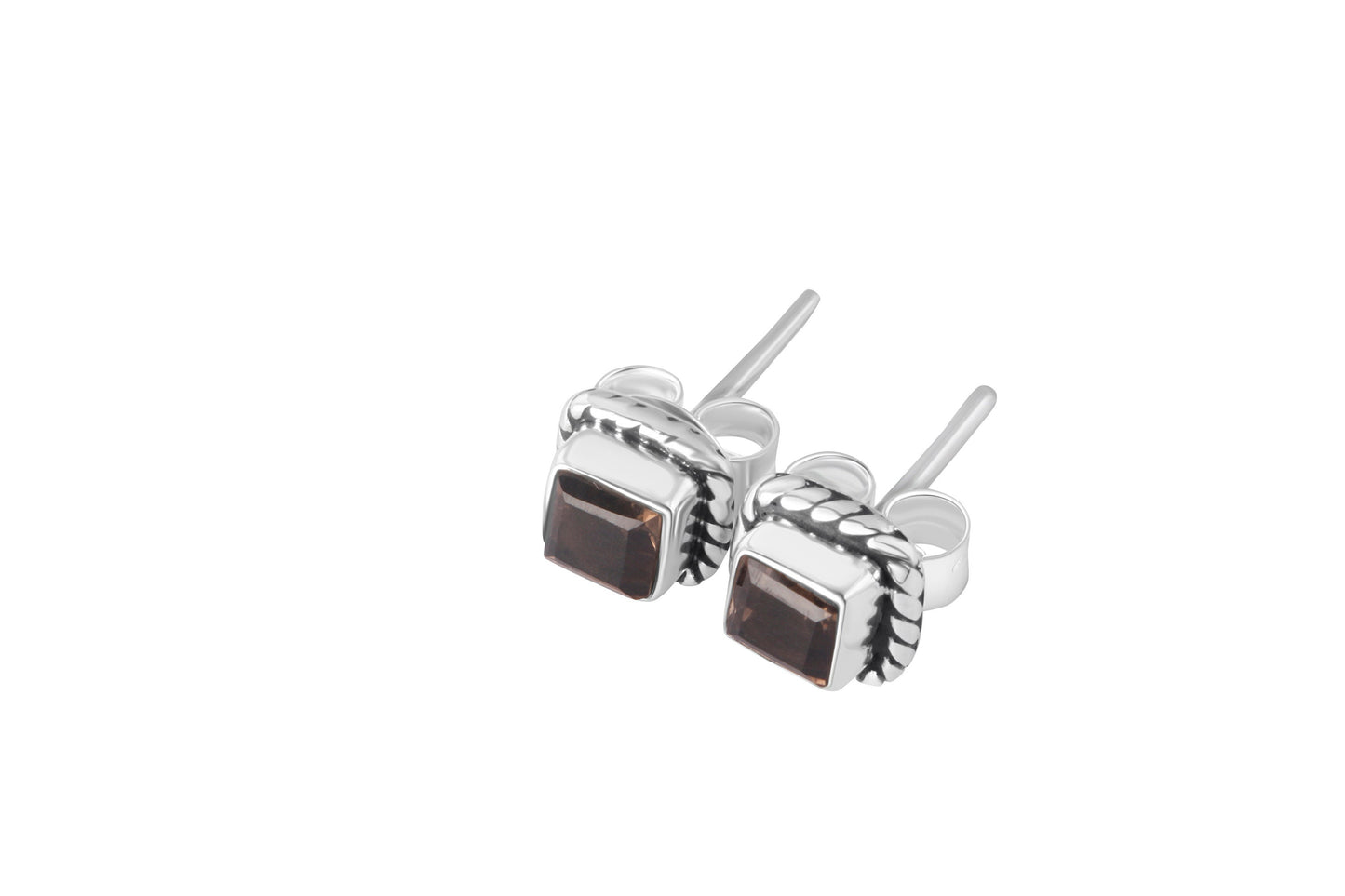Square shaped cut-stone natural brown smoky quartz Oxidized 925 Silver Stud Earrings, Bohemian Oxidized Silver Square Stud Earring Australia, Zorbajewellers