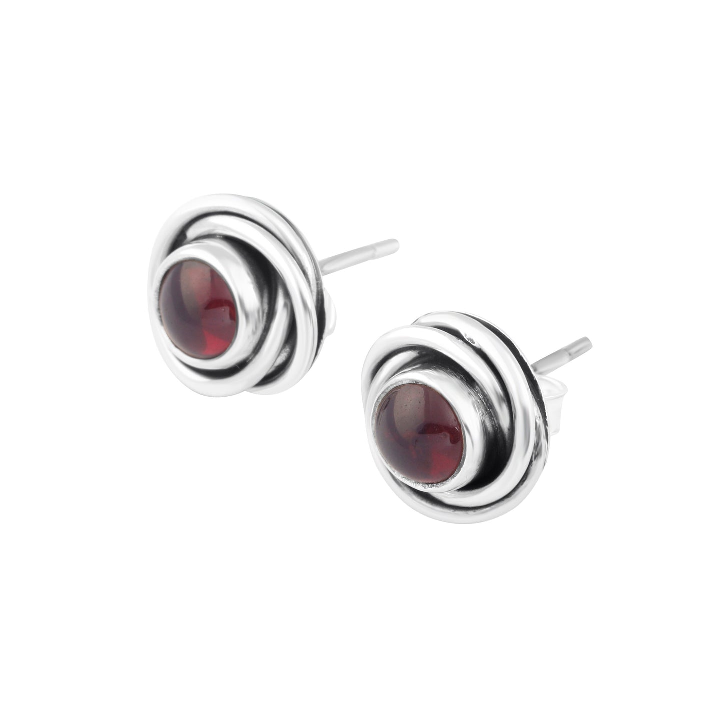 Genuine Red GARNET GEMS 925 Oxidized SILVER Round Twirl Stud Earrings, Bohemian Garnet Studs, Capricorn Zodiac January Birthstone, Australia, Zorbajewellers
