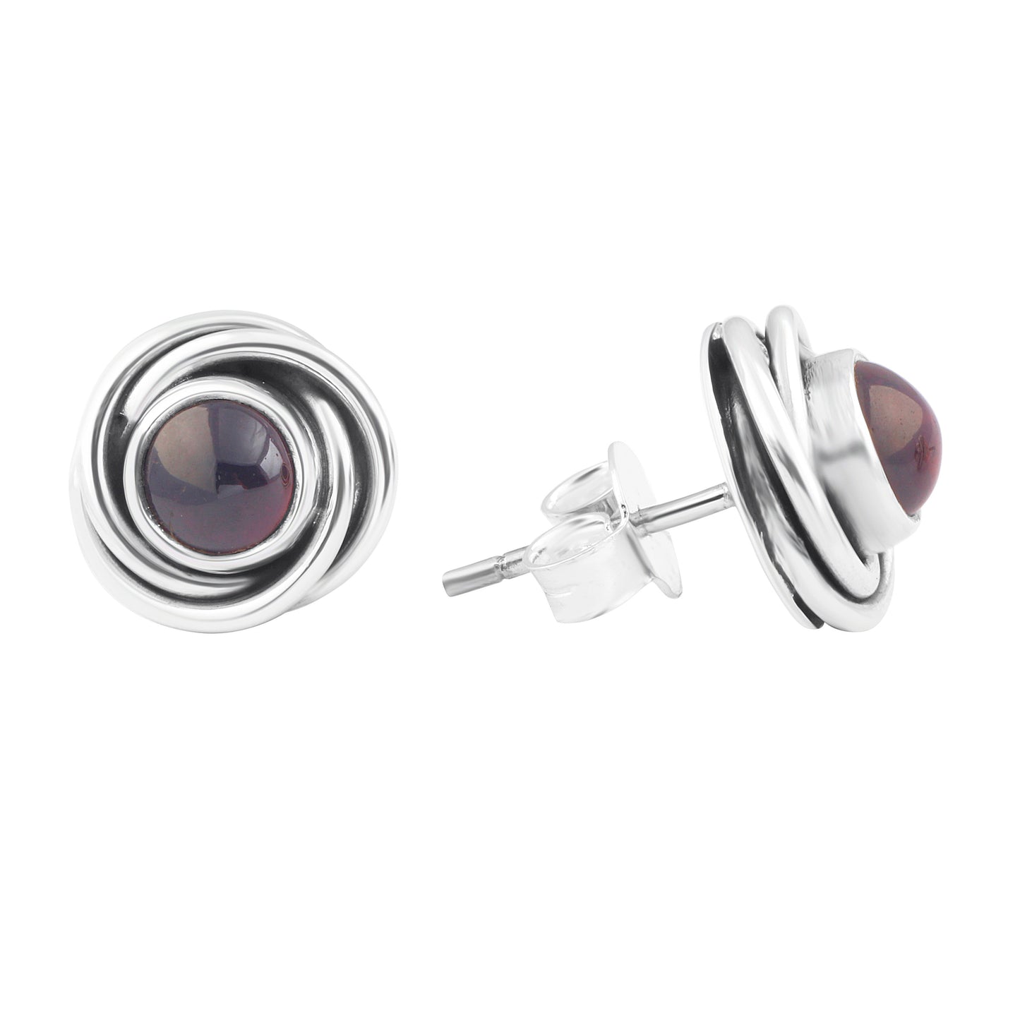 Genuine Red GARNET GEMS 925 Oxidized SILVER Round Twirl Stud Earrings, Bohemian Garnet Studs, Capricorn Zodiac January Birthstone, Australia, Zorbajewellers