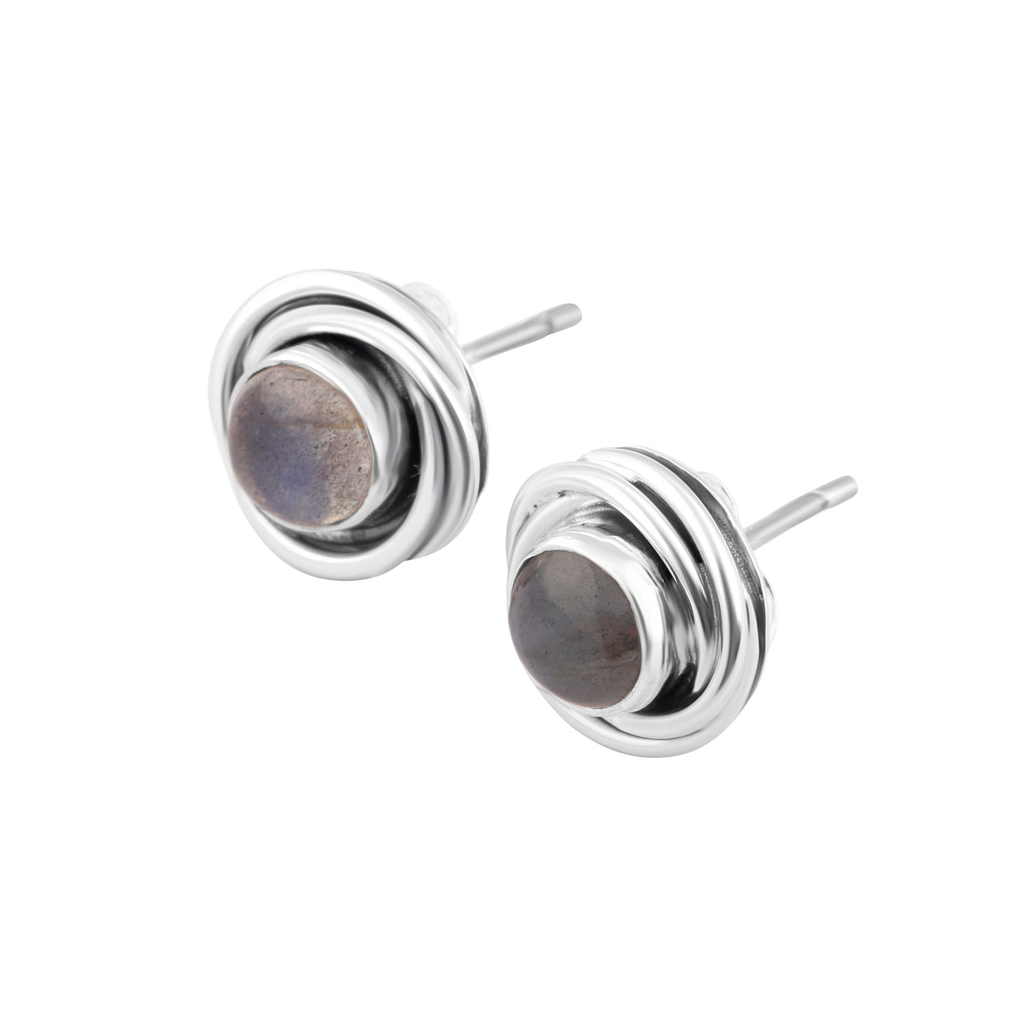 Genuine LABRADORITE Gems SOLID 925 Oxidized SILVER twirl Stud Earrings, Round Shaped Cut Labradorite Sterling Silver Earrings, Australia, Zorbajewellers