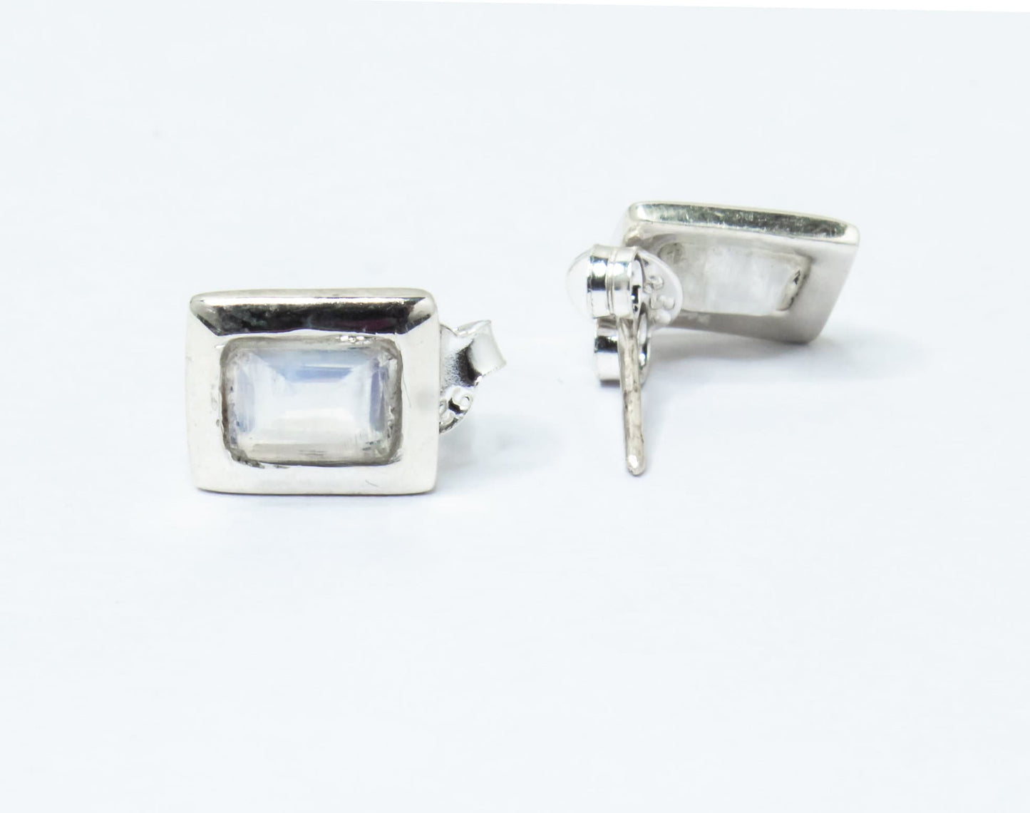 Genuine MOONSTONE Rectangle Gems Solid 925 SILVER Minimalist Stud Earrings, Simple White Studs, June Birthstone & Cancer Zodiac, Australia, Zorbajewellers