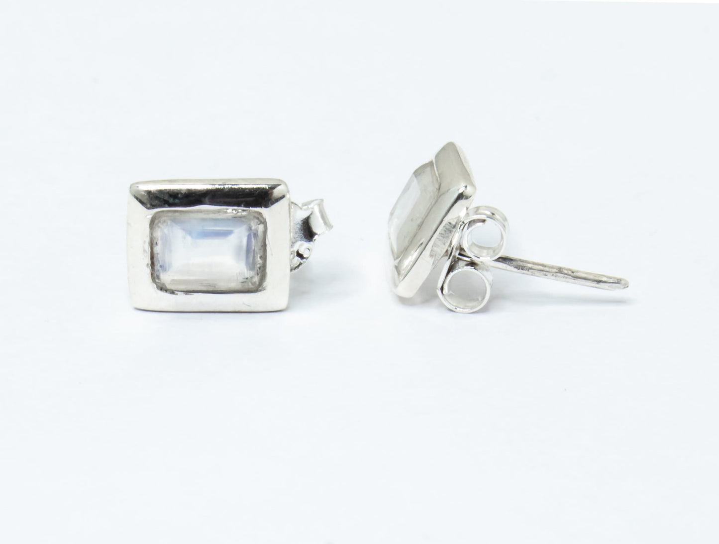 Genuine MOONSTONE Rectangle Gems Solid 925 SILVER Minimalist Stud Earrings, Simple White Studs, June Birthstone & Cancer Zodiac, Australia, Zorbajewellers