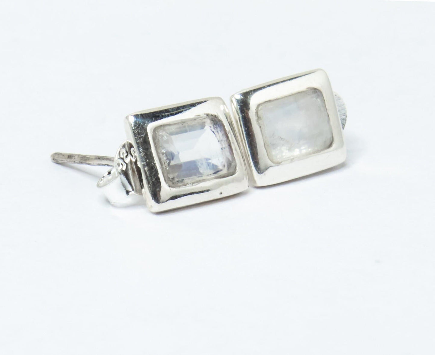 Genuine MOONSTONE Rectangle Gems Solid 925 SILVER Minimalist Stud Earrings, Simple White Studs, June Birthstone & Cancer Zodiac, Australia, Zorbajewellers