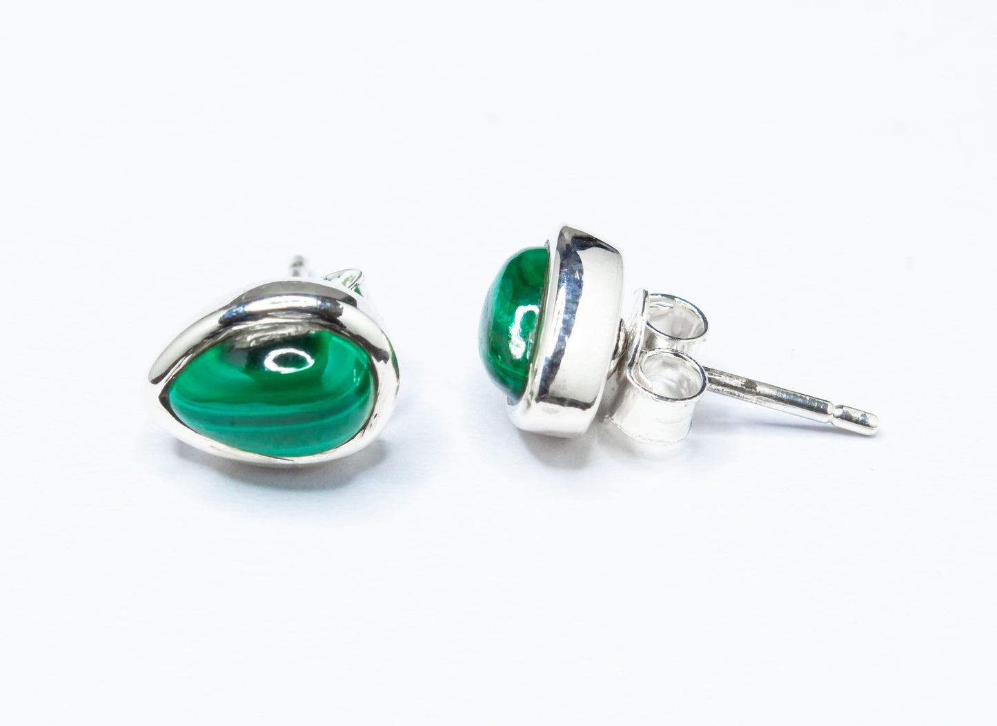 Green Malachite Stud Earrings, Minimalist Green Silver Earrings, 925 Silver, Pear Shaped Stud Earrings, Textured Green, Australia, Zorbajewellers