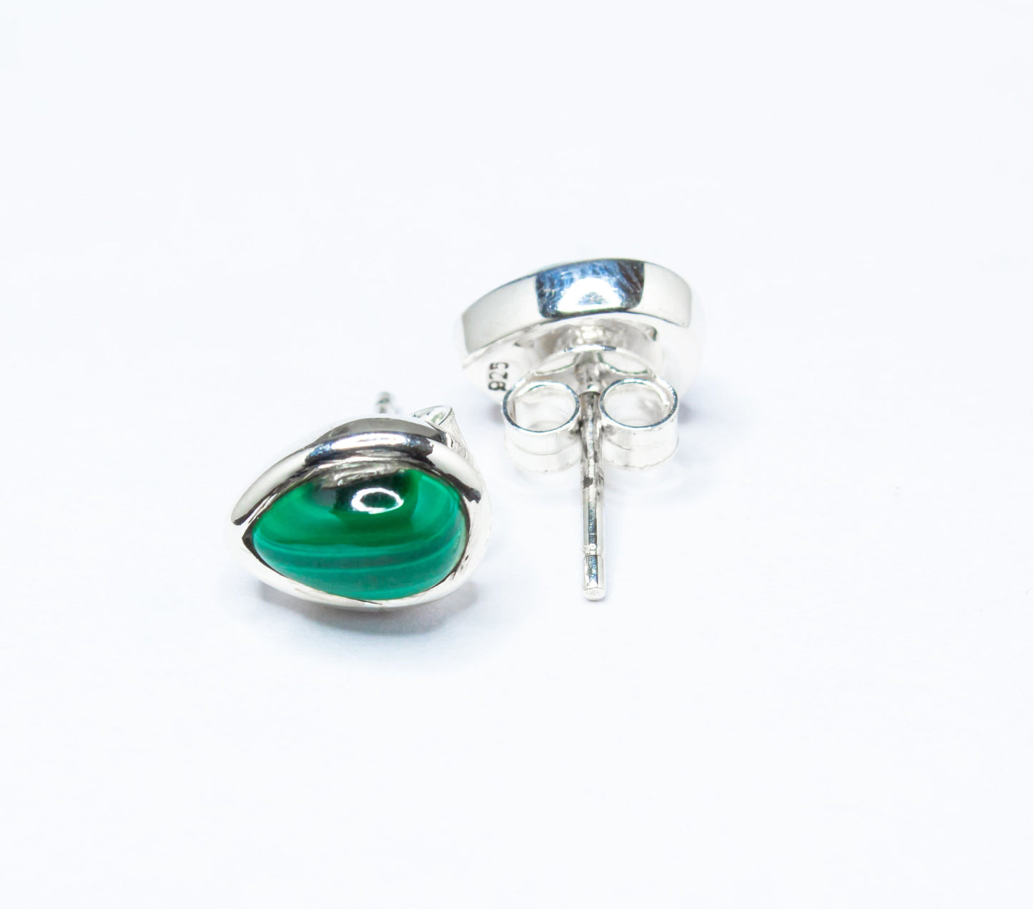 Green Malachite Stud Earrings, Minimalist Green Silver Earrings, 925 Silver, Pear Shaped Stud Earrings, Textured Green, Australia, Zorbajewellers