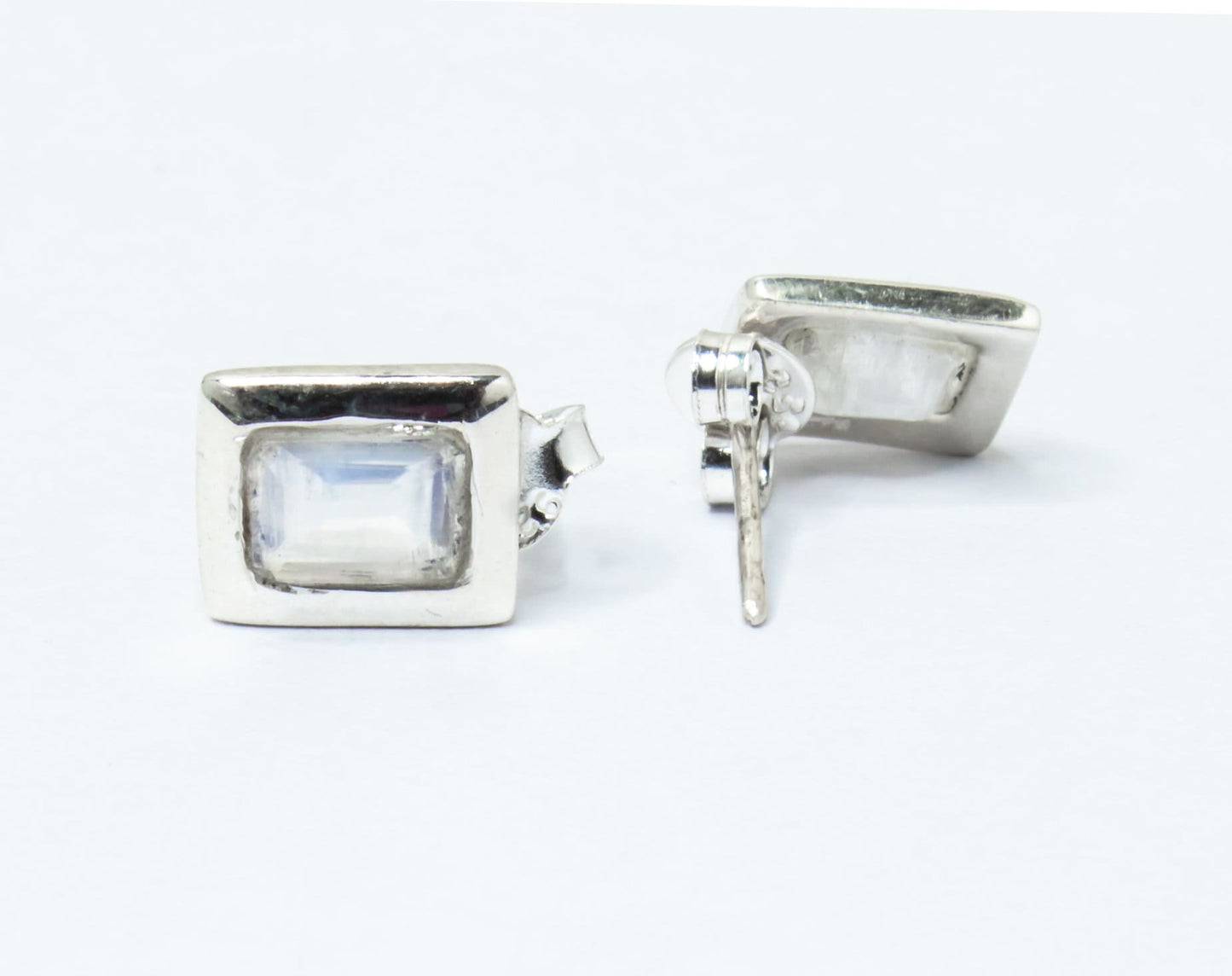Genuine MOONSTONE Rectangle Gems Solid 925 SILVER Minimalist Stud Earrings, Simple White Studs, June Birthstone & Cancer Zodiac, Australia, Zorbajewellers