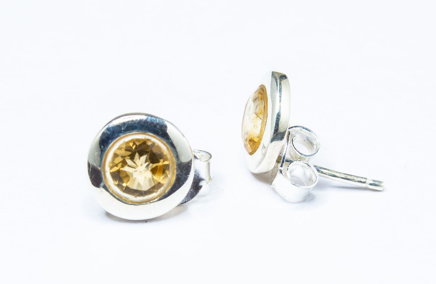 Genuine Citrine Round Shaped Minimalistic Cut-Stone 925 Silver Solid Stud Earrings, Stud Earrings, Cancer Zodiac Birthstone, Australia, Zorbajewellers