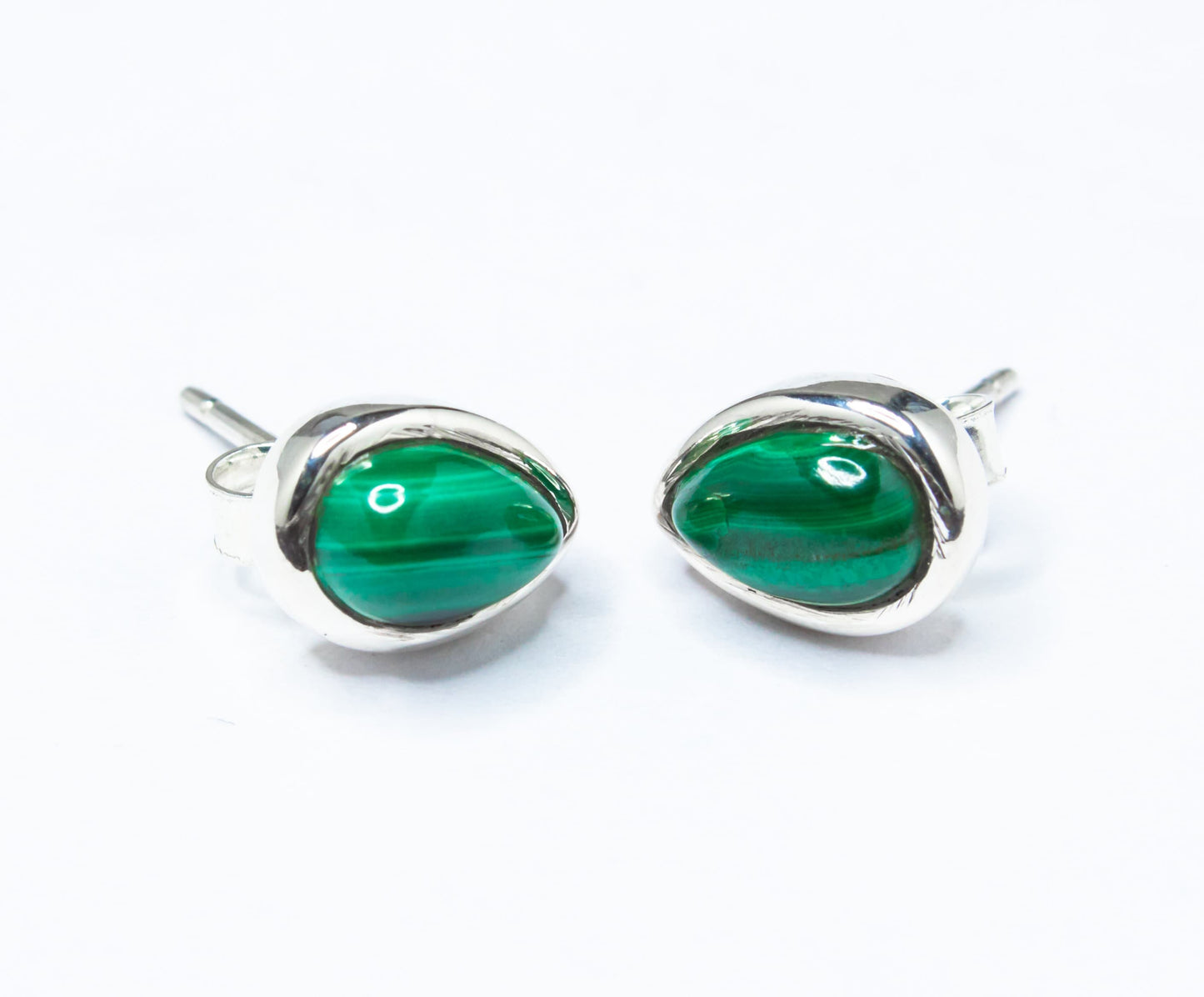 Green Malachite Stud Earrings, Minimalist Green Silver Earrings, 925 Silver, Pear Shaped Stud Earrings, Textured Green, Australia, Zorbajewellers