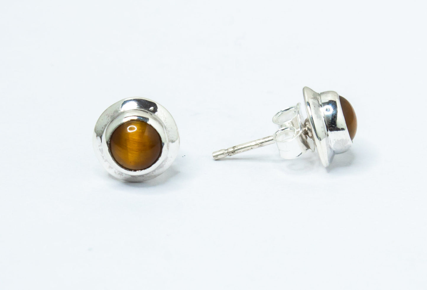 Tiger's Eye Gems 925 Sterling Silver Minimalist Round Stud Earrings, Tiger Eye gemstone studs, July Birthstone, Tiger Eye Australia, Zorbajewellers