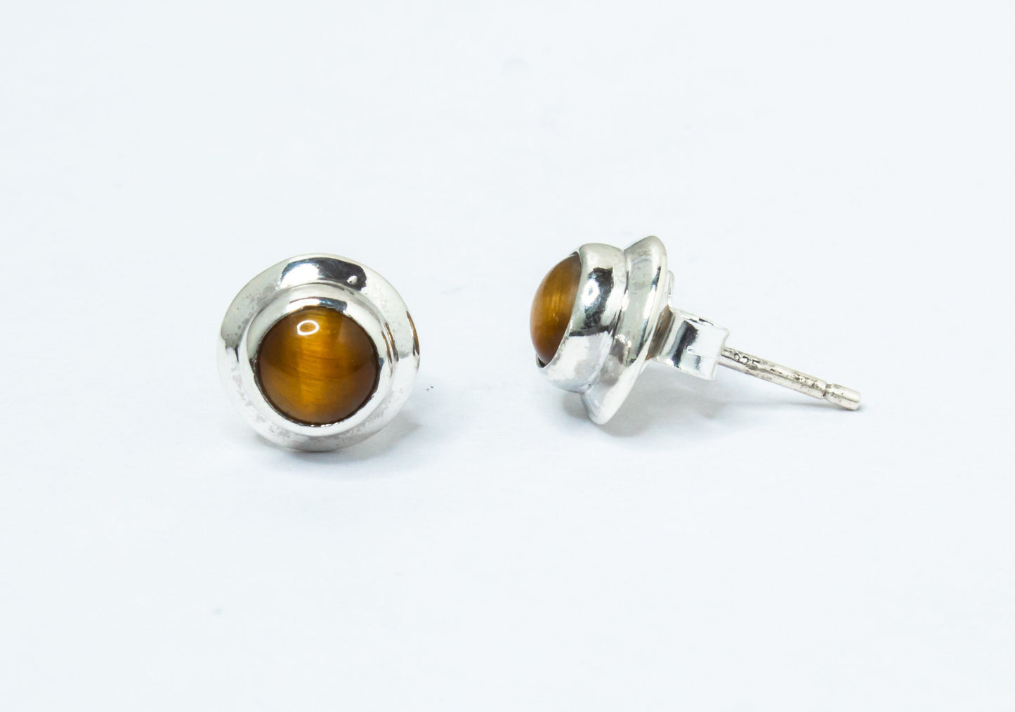 Tiger's Eye Gems 925 Sterling Silver Minimalist Round Stud Earrings, Tiger Eye gemstone studs, July Birthstone, Tiger Eye Australia, Zorbajewellers