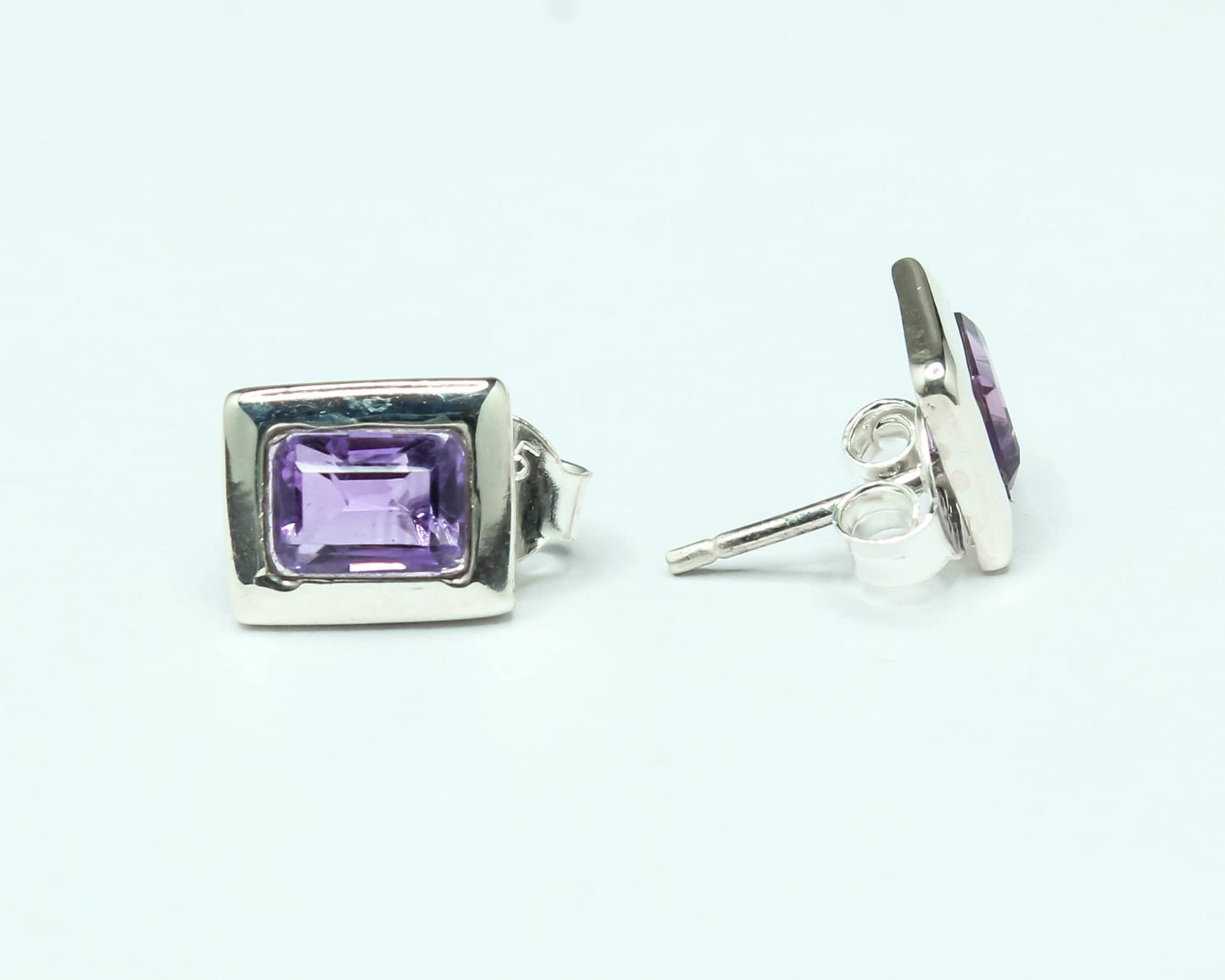 Rectangle AMETHYST 925 Silver Aquarius Zodiac Birthstone Studs