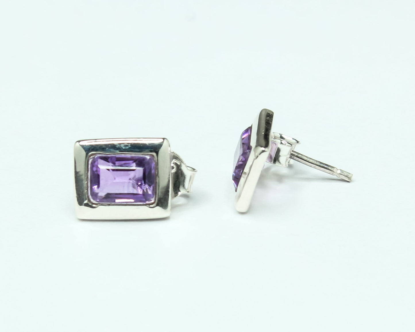 Rectangle AMETHYST 925 Silver Aquarius Zodiac Birthstone Studs