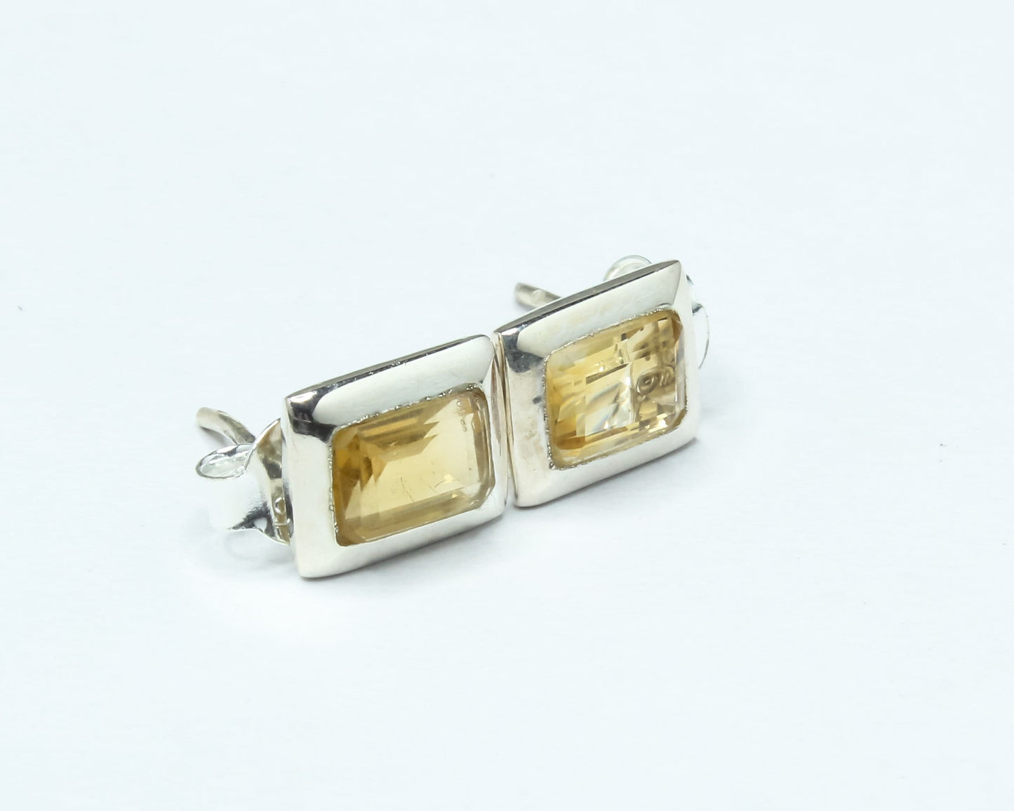 Rectangular Genuine Citrine Minimalistic 925 Silver Solid Stud Earrings
