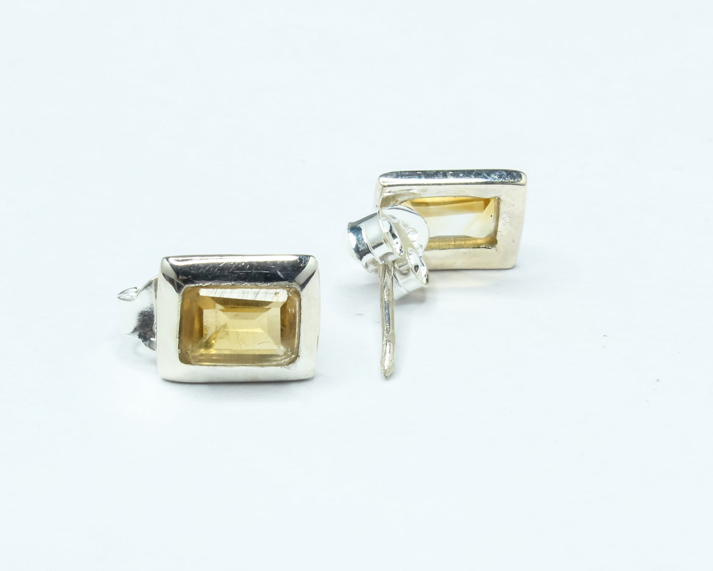 Rectangular Genuine Citrine Minimalistic 925 Silver Solid Stud Earrings
