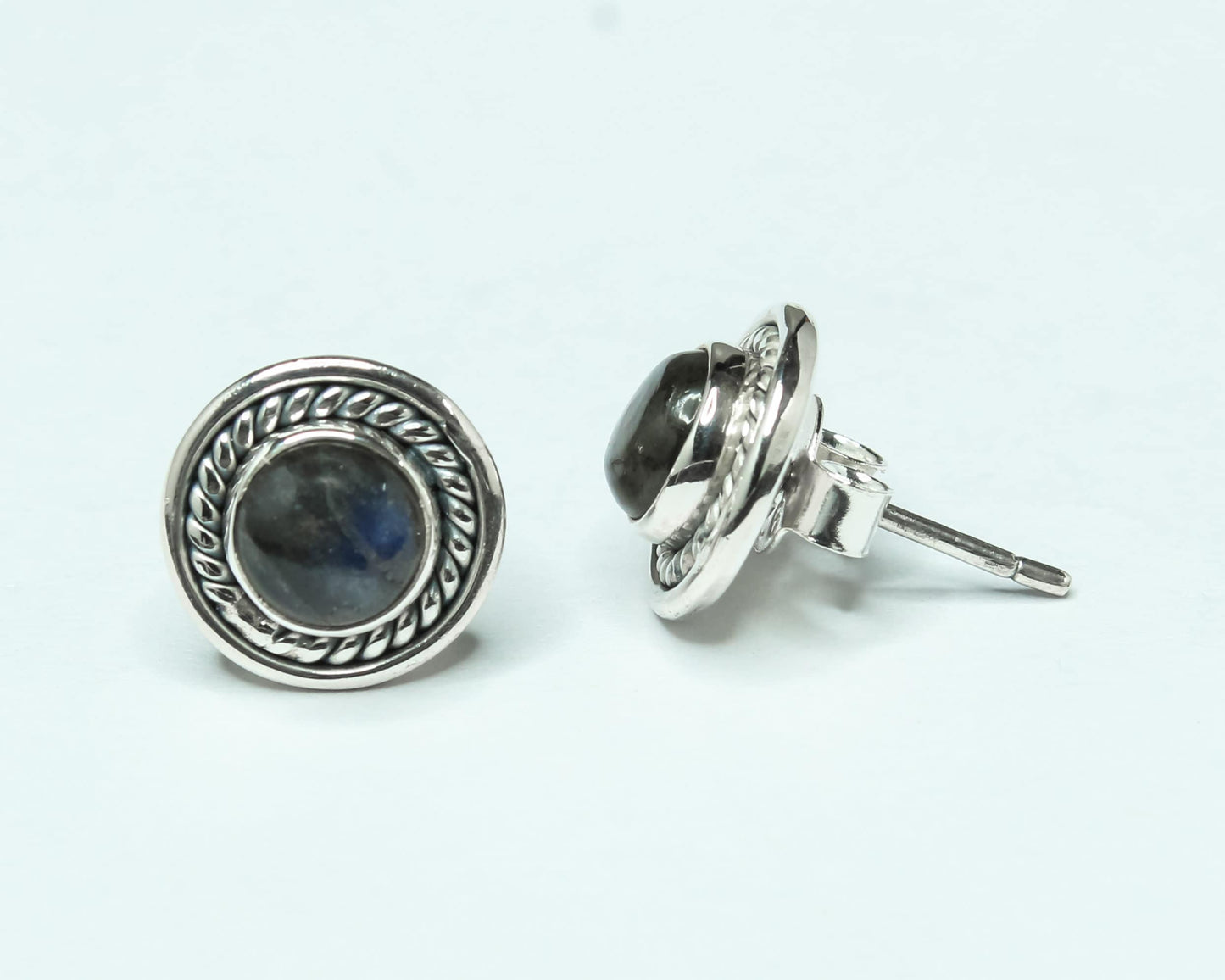 Round LABRADORITE Gems Solid Oxidized Silver Bohemian Stud Earrings