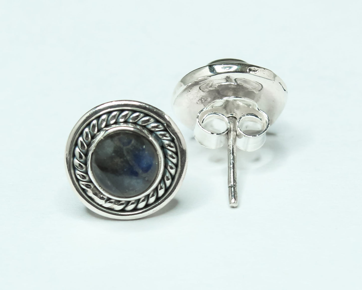 Round LABRADORITE Gems Solid Oxidized Silver Bohemian Stud Earrings