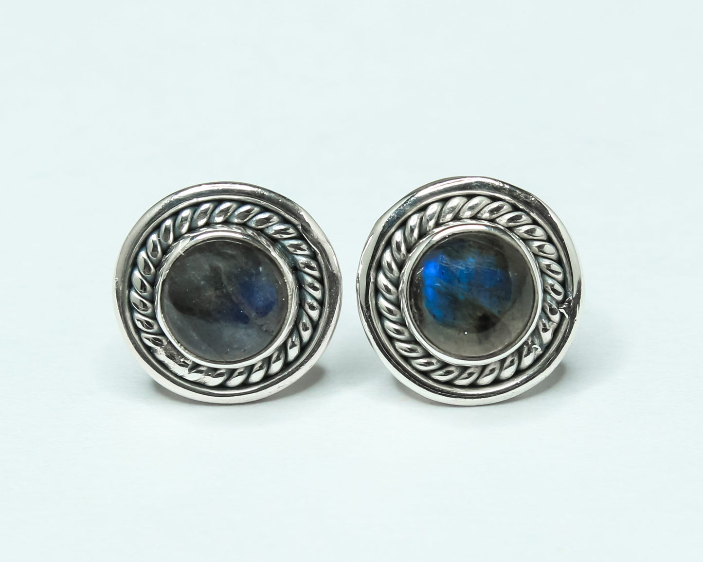 Round LABRADORITE Gems Solid Oxidized Silver Bohemian Stud Earrings