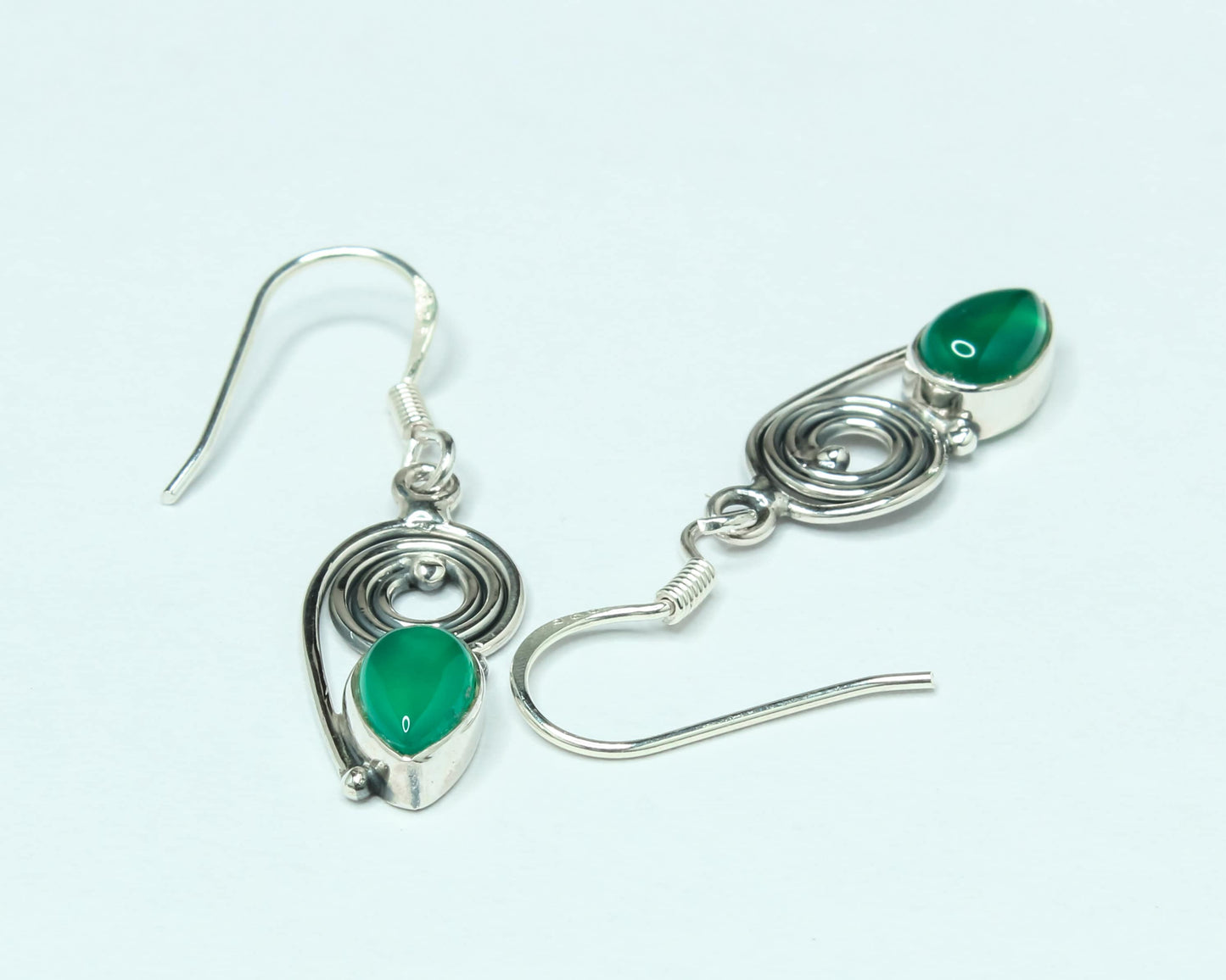 Pear/Teardrop GREEN ONYX Gems Solid 925 SILVER Bohemian Drop Earrings