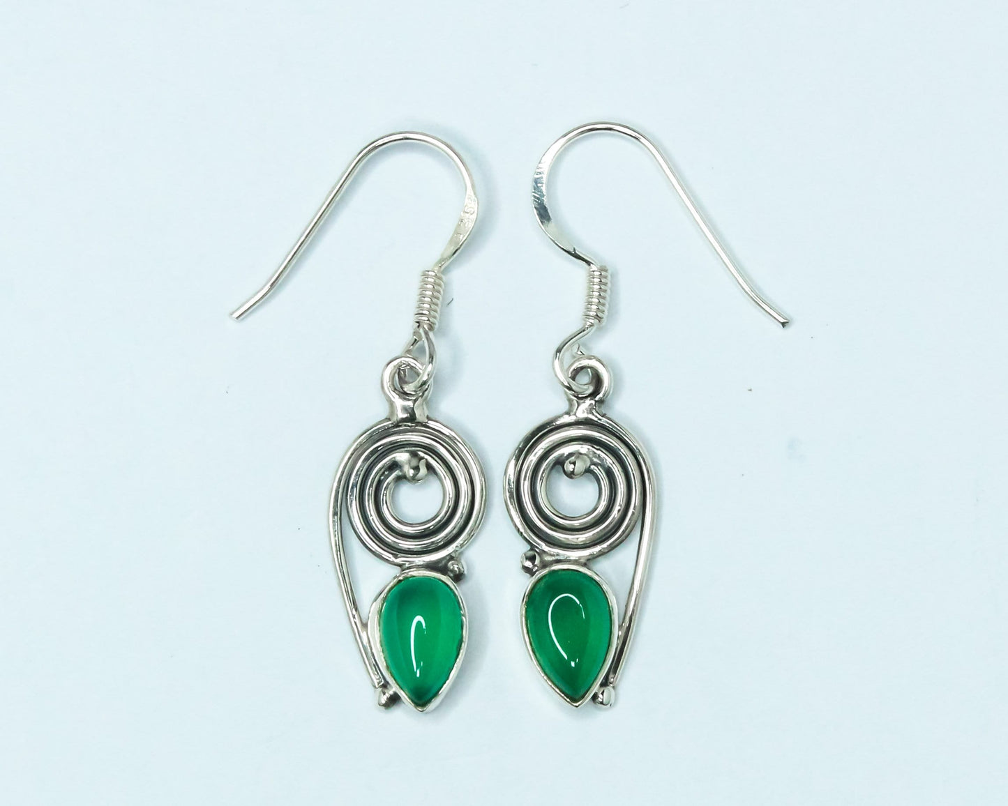 Pear/Teardrop GREEN ONYX Gems Solid 925 SILVER Bohemian Drop Earrings