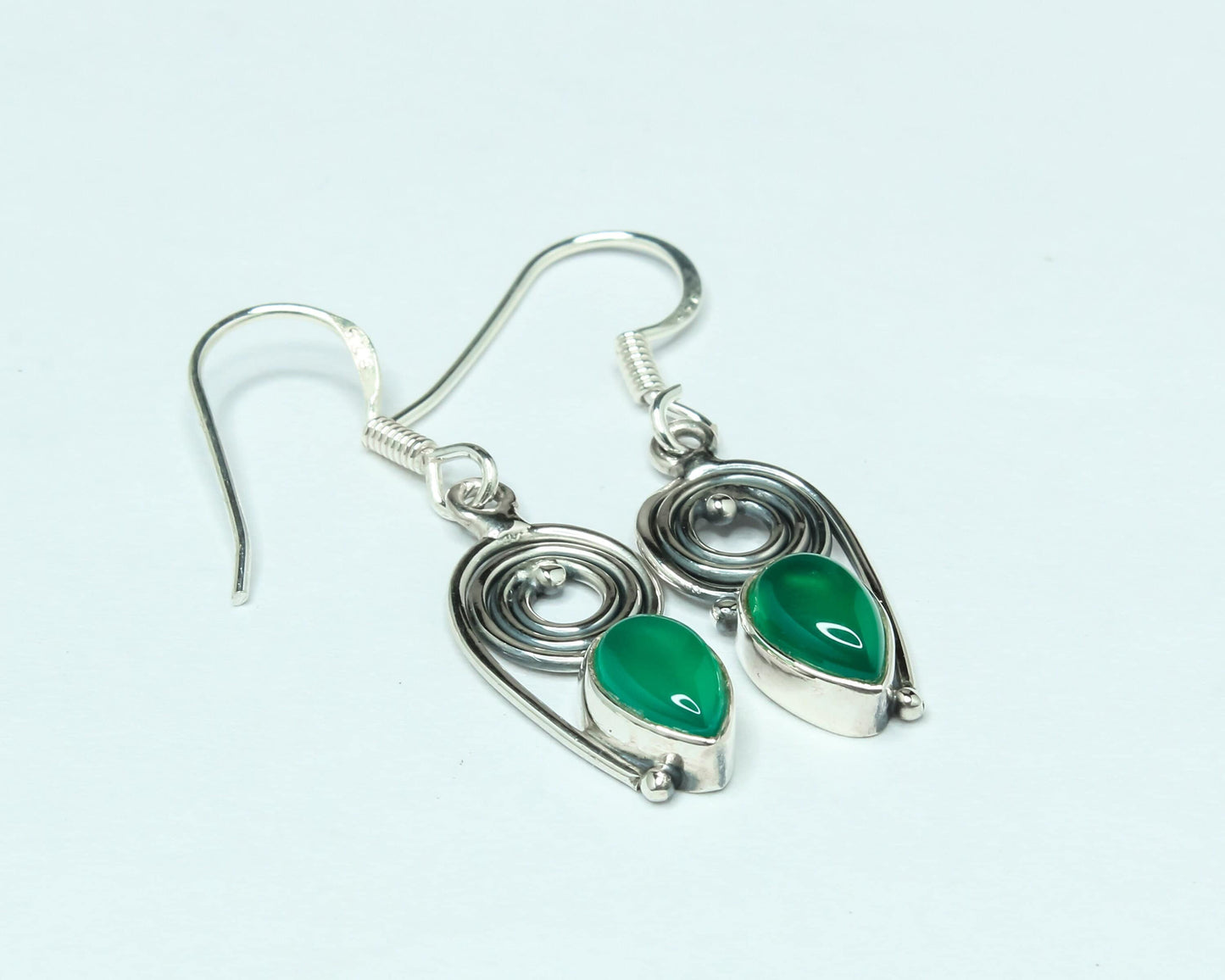 Pear/Teardrop GREEN ONYX Gems Solid 925 SILVER Bohemian Drop Earrings