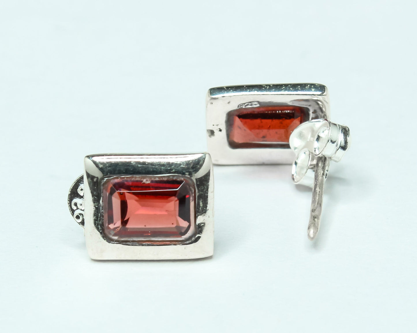 Rectangular Genuine Red GARNET Gemstone 925 Silver Simple Stud Earrings