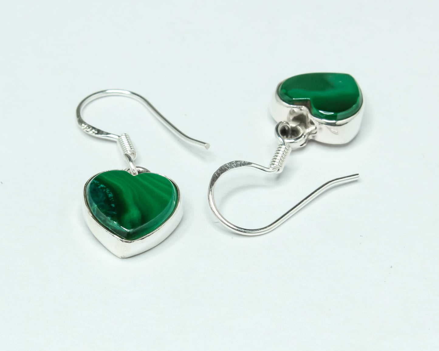 Heart Green Malachite Textured Gemstone Solid 925 Silver Drop Earrings