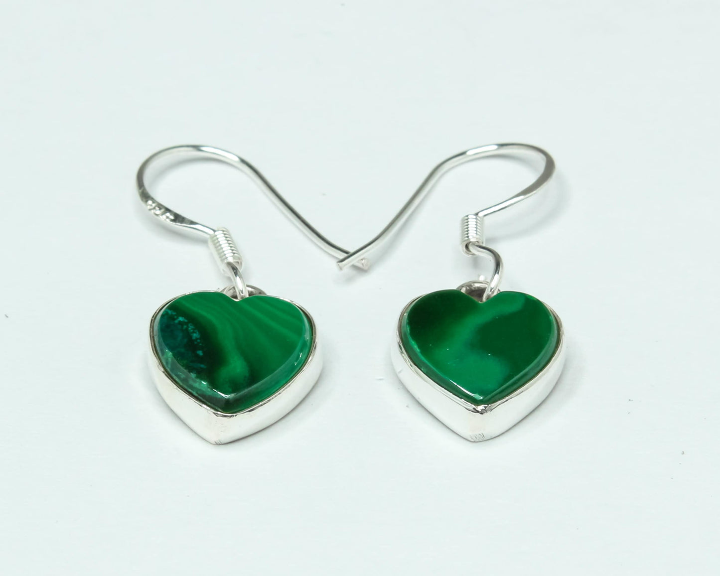 Heart Green Malachite Textured Gemstone Solid 925 Silver Drop Earrings