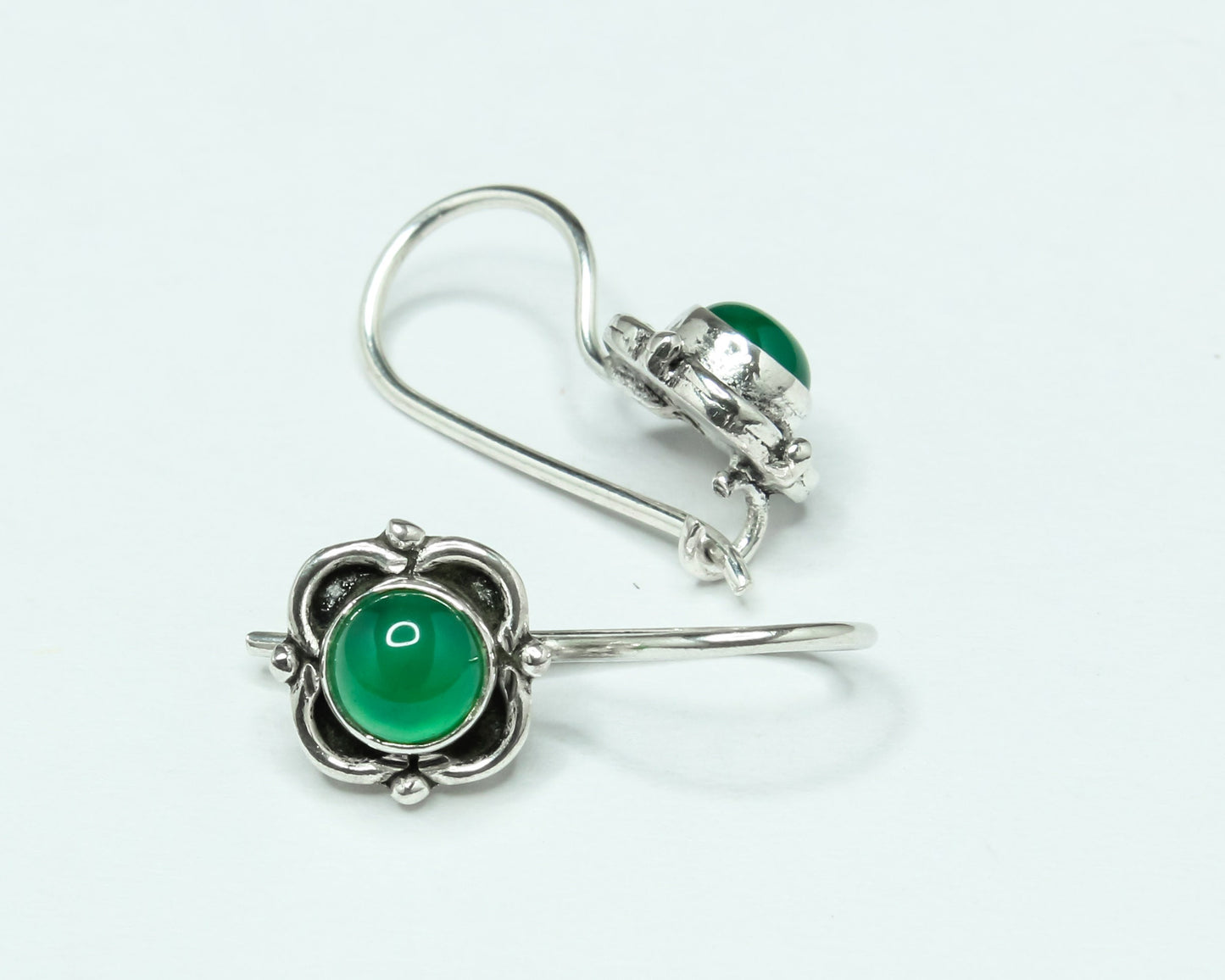 GREEN ONYX Gemstones Oxidized Silver Spring Flower Latch-Back Earrings
