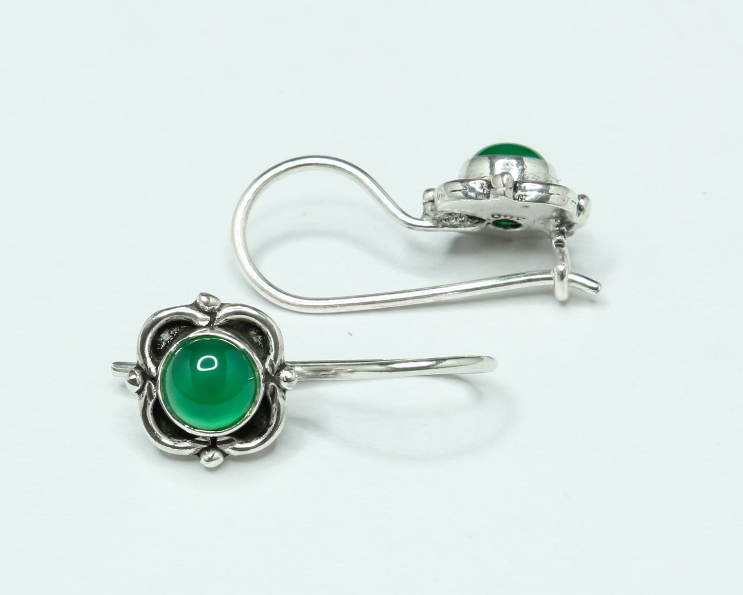 GREEN ONYX Gemstones Oxidized Silver Spring Flower Latch-Back Earrings