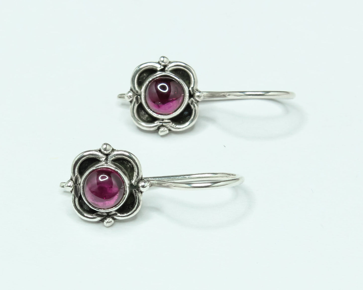 Genuine Red GARNET Gems Oxidized Silver Spring Flower Latch-Back Earrings