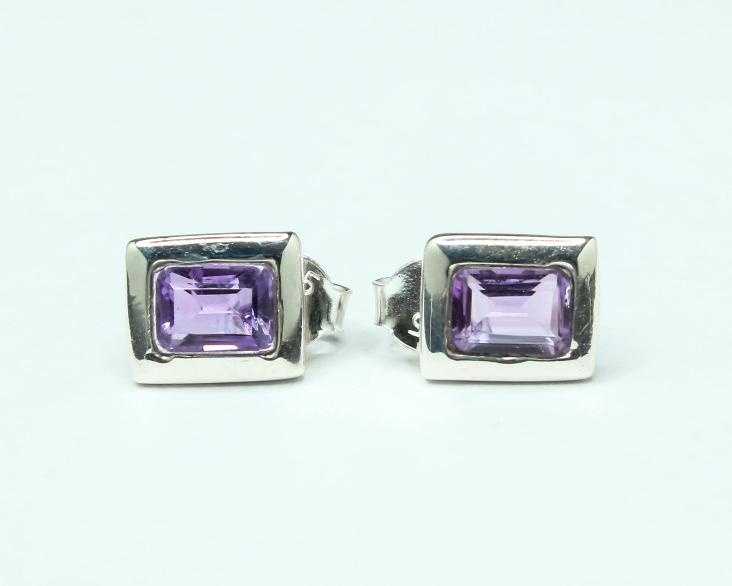 Rectangle AMETHYST 925 Silver Aquarius Zodiac Birthstone Studs