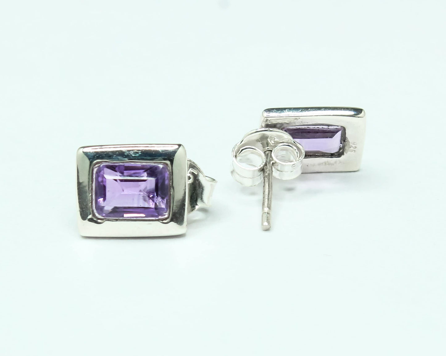 Rectangle AMETHYST 925 Silver Aquarius Zodiac Birthstone Studs