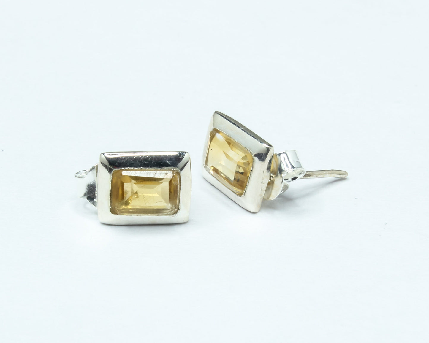 Rectangular Genuine Citrine Minimalistic 925 Silver Solid Stud Earrings