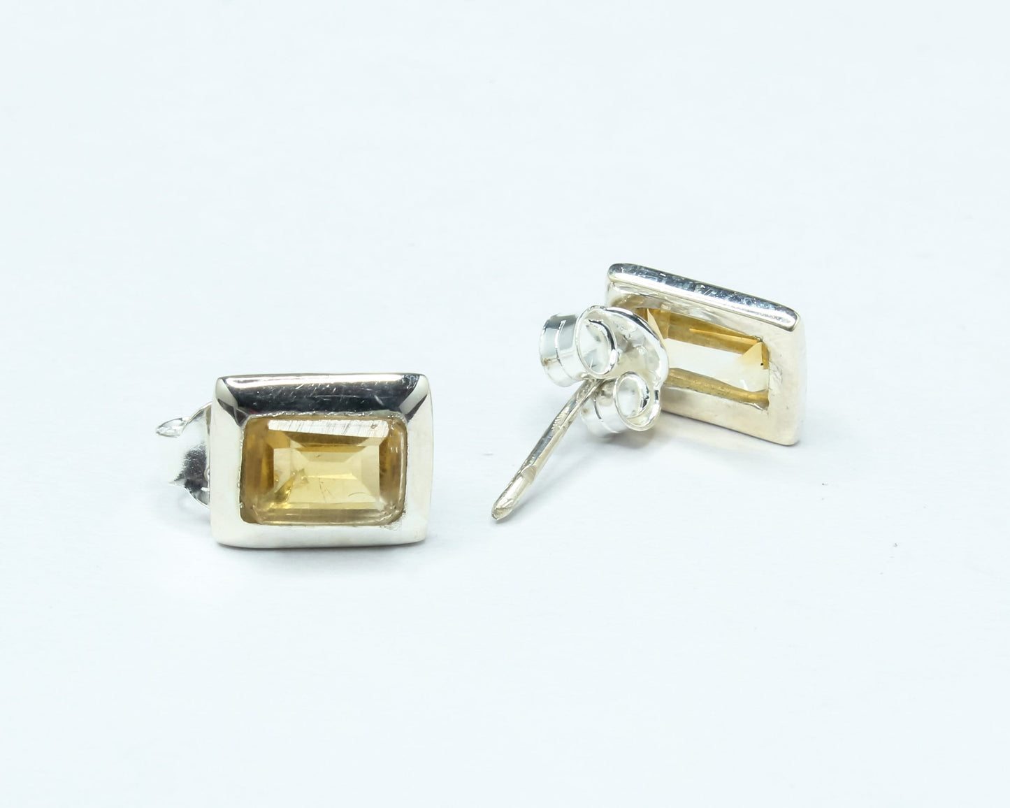 Rectangular Genuine Citrine Minimalistic 925 Silver Solid Stud Earrings