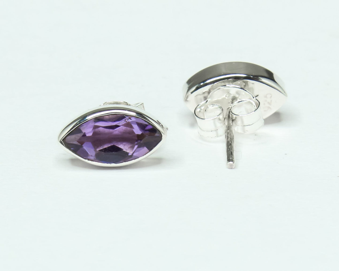 Leaf Shaped AMETHYST Solid 925 Silver Aquarius Zodiac Birthstone Studs